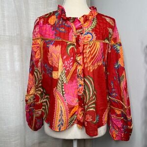 Farm Rio Mystic Bush Buttoned Blouse Ruffles Tropical Parrot Red Pink Women's XS
